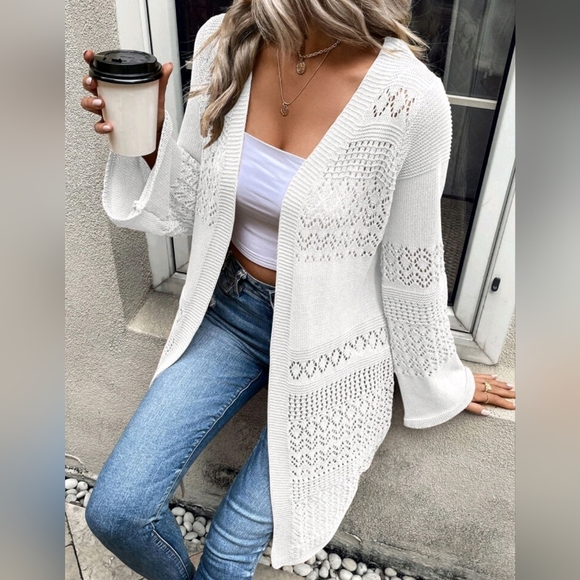 Sweaters - New Boho Lacey Pointelle Knit Long Cardigan Duster White